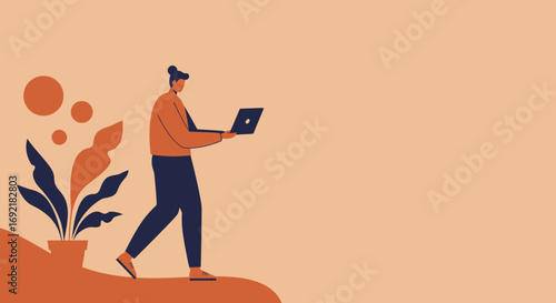 Stylish illustration of a person walking while working on a laptop, symbolizing remote work, digital lifestyle, and mobile productivity. Ideal for business, technology, and learning content.