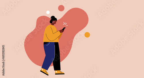 Modern woman walking and interacting with her smartphone. Illustrates digital communication, social media, and mobile technology in everyday life.
