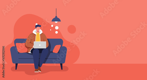 Man working or studying casually on a laptop while relaxing on a comfortable sofa at home. Represents remote work, online learning, or digital lifestyle.