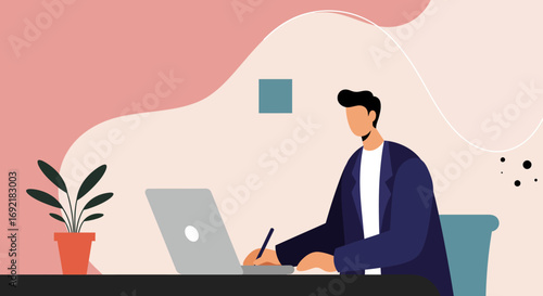 Professional man working diligently on a laptop and writing at a modern desk. Ideal for business, education, or remote work concepts.