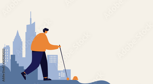 A stylized man enjoys a round of golf against a backdrop of a modern city skyline, illustrating urban recreation and leisure.