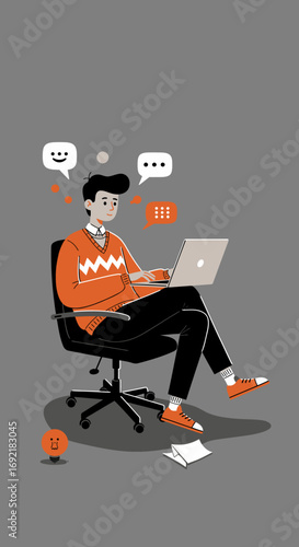 Young man focused on his laptop, actively communicating and generating ideas while working remotely. Illustrates modern productivity and digital lifestyle.