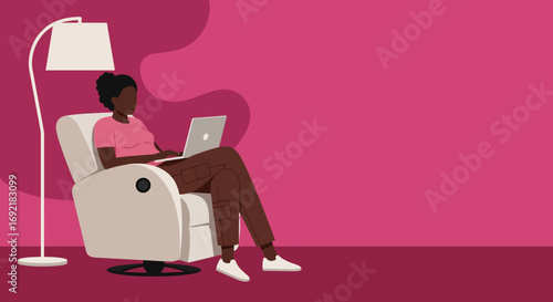 African American woman works remotely on laptop in a cozy armchair, representing flexible work, online learning, or digital lifestyle.