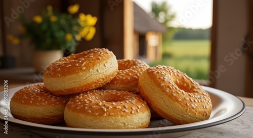 Freshly Baked Sesame Bagels on a Plate with Natural Morning Light and Green Background