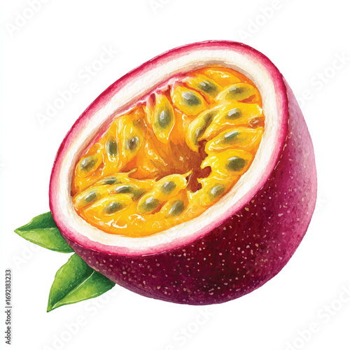 Watercolor Passion Fruit Half with Vivid Yellow Pulp and Seeds