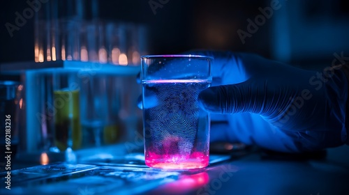 Gloved hand holds glass with visible fingerprint under ultraviolet light in forensic lab.