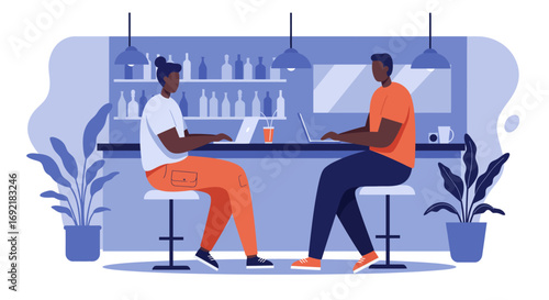 Two men work remotely on laptops at a modern bar or co-working space. Ideal for business, technology, or lifestyle concepts.