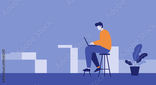 Man working on a laptop in a modern, minimalist setting, representing remote work, online learning, or digital productivity. Ideal for business and technology concepts.