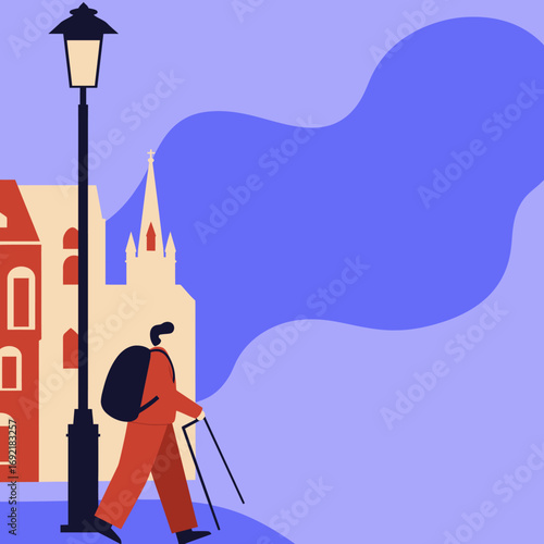 Person with backpack and walking sticks journeys through a historic European city, passing a church and old buildings. Ideal for travel, lifestyle, or urban exploration concepts.