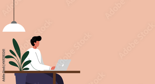 A focused individual works on a laptop at a contemporary desk with a plant, embodying modern workspace, remote work, and digital lifestyle concepts.
