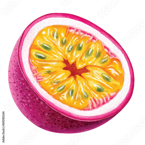 Watercolor Passion Fruit Slice with Juicy Pulp and Textured Purple Skin