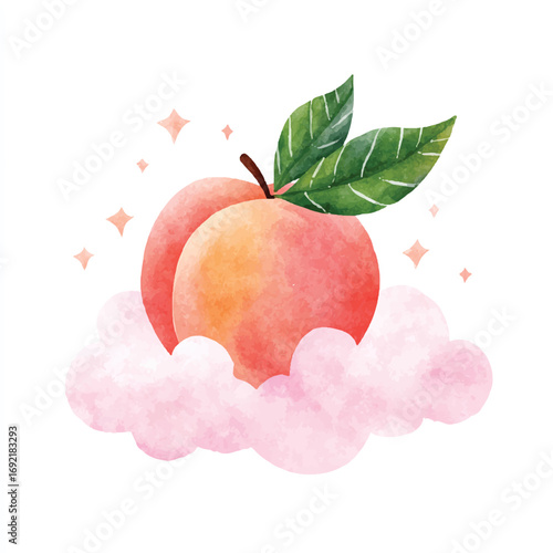Watercolor Peach Floating on a Pink Cloud with Sparkling Accents