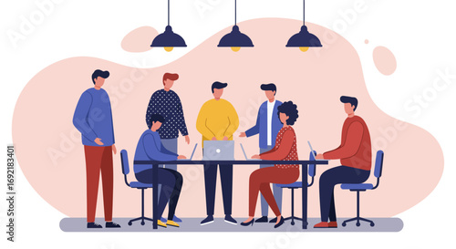 Diverse team collaborates in a modern office meeting, discussing ideas and working on laptops. Represents teamwork, innovation, and business strategy.