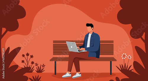 Casual man focused on his laptop while sitting on a bench in a vibrant park. Concept of remote work, leisure, and productivity.