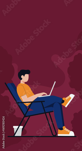 Young man comfortably working on his laptop in a relaxed setting. Ideal for remote work, freelancing, online learning, or digital nomad concepts.