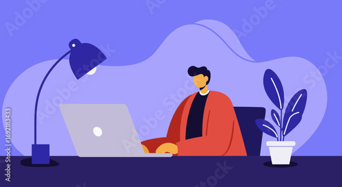 Professional man working remotely on laptop at home office desk, focusing on online tasks. Ideal for themes of productivity, remote work, or digital business.