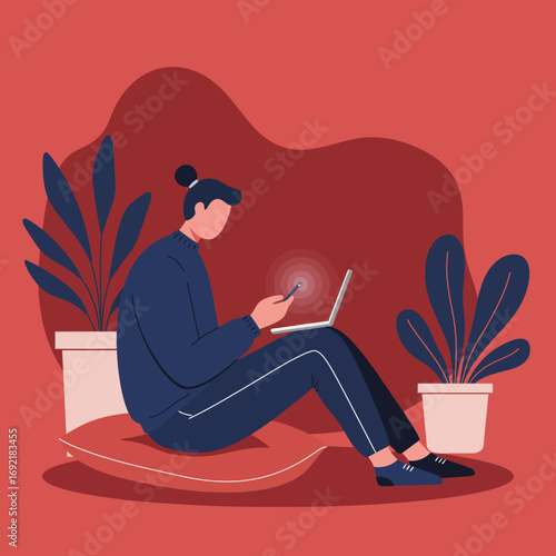 Person working remotely or relaxing at home, multitasking with a laptop and smartphone. Represents modern connectivity, freelance work, and digital lifestyle.