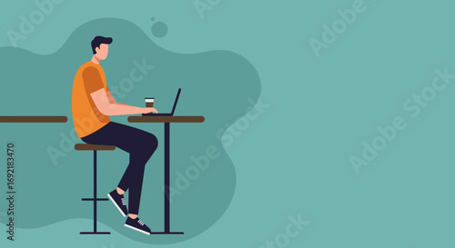 Flat illustration of a man working on his laptop at a cafe bar counter, enjoying coffee. Ideal for remote work, productivity, or modern digital lifestyle concepts.