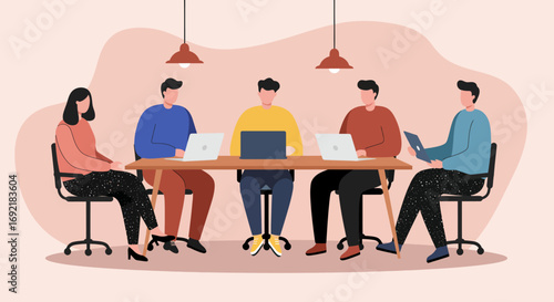 Diverse team collaborates efficiently in a modern office meeting, utilizing laptops for productivity and innovation. Perfect for business, teamwork, and technology concepts.