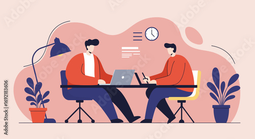 Two professionals collaborate on a project in a modern office, symbolizing teamwork, productivity, and shared goals in a corporate or startup environment.