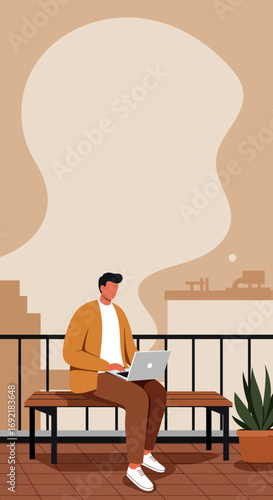 Man working remotely on a laptop from a serene city balcony, illustrating flexible work, digital nomad lifestyle, or online education.