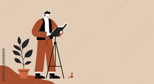 Stylized illustration of a man engrossed in reading a book on a stand, symbolizing learning, education, and knowledge. Ideal for educational content, personal development, and creative pursuits.