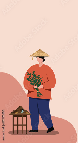 Person in a conical hat holding fresh green plants, symbolizing gardening, agriculture, and sustainable practices. Ideal for nature, lifestyle, or environmental themes.