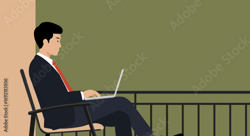 A focused businessman works remotely on his laptop from a balcony, embodying flexibility and modern productivity. Ideal for themes of professional freedom and digital business lifestyle.