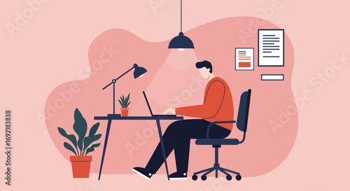 Man focused on work using a laptop at a modern home office desk with plants, illustrating remote productivity or online study.