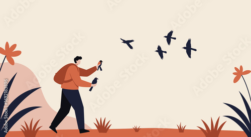 A person releases small birds into the natural environment, symbolizing freedom, nature connection, and environmental care. Ideal for conservation, adventure, or personal growth.