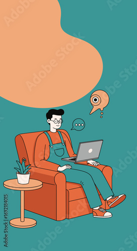 A relaxed man in glasses works on a laptop from a comfortable armchair, embodying remote work, online communication, and modern digital lifestyle.