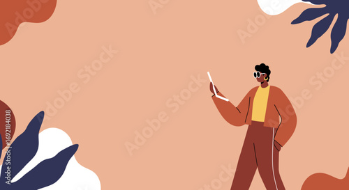 Stylish person uses a mobile device in a modern, abstract setting, representing digital communication, online lifestyle, and technology.