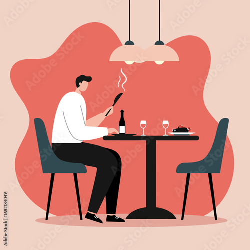 Solo diner enjoying a meal and wine in a contemporary restaurant setting, illustrating modern lifestyle, self-care, and restaurant dining.