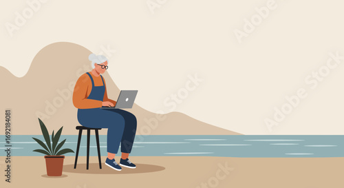 Senior woman happily using a laptop outdoors, embracing digital connection for work or leisure in a serene, modern lifestyle setting.