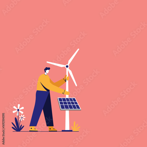 Person working with wind turbine and solar panel, symbolizing clean energy, sustainability, and environmental conservation. Ideal for themes of renewable power and green technology.
