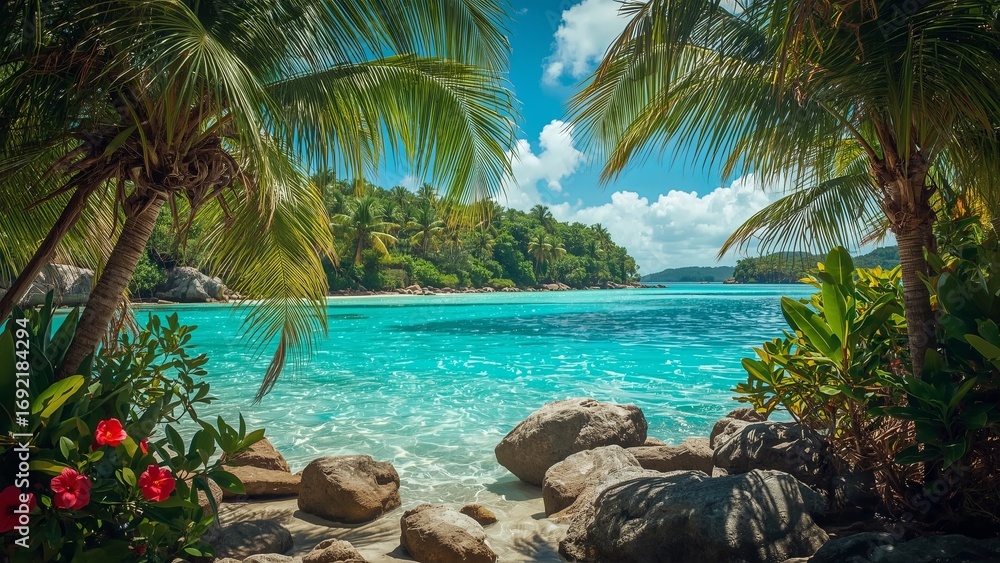 Fototapeta premium Magical landscape with turquoise ocean water and palm trees