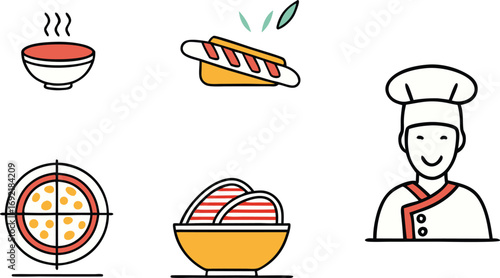 Delicious food icons and smiling chef showcase culinary creativity and dining pleasure for menus