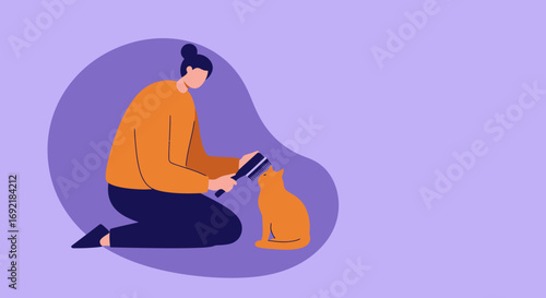 Person grooming an orange cat, showing pet care and bonding. Ideal for lifestyle, animal welfare, and domestic pet themes.
