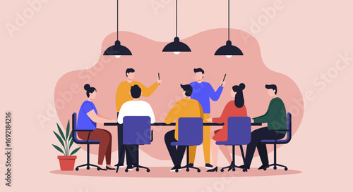 Professionals meeting in an office setting, actively discussing and presenting ideas. Illustrates collaboration, teamwork, and business strategy.