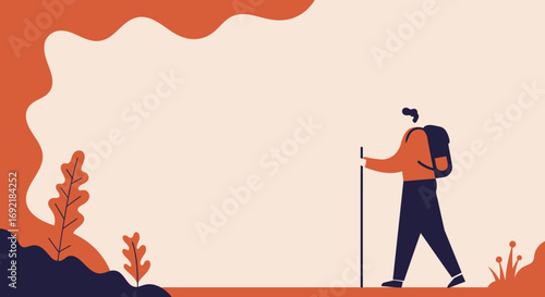 Man hiking with a backpack and walking stick in a minimalist natural landscape, symbolizing adventure, journey, and a healthy outdoor lifestyle.