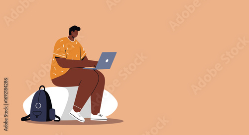 Young person casually working or studying on a laptop with a backpack nearby, depicting modern remote work, online education, or digital lifestyle.