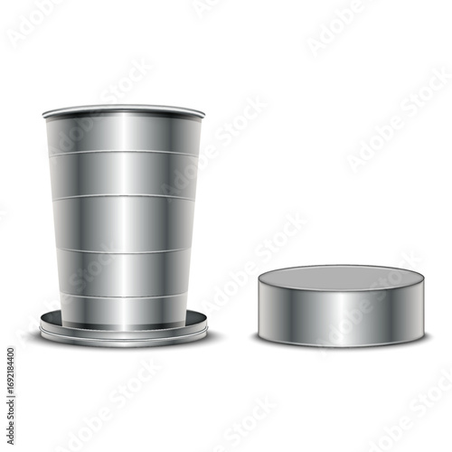 Collapsible stainless steel camping cup with lid realistic 3d vector model isolated on white, compact and portable design for outdoor travel, hiking, survival gear, reusable eco-friendly drinkware.
