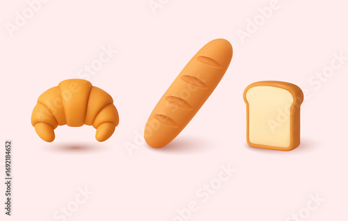 Assorted bakery products with croissant, baguette and bread slice on pastel background. 3D Web Vector Illustrations.