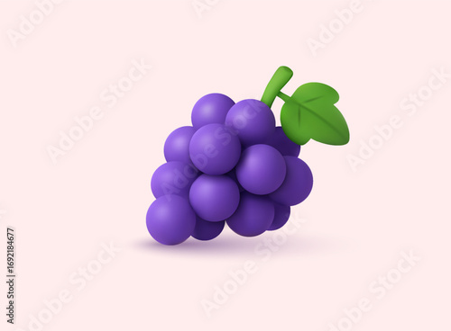 Purple grapes bunch with green leaf isolated on pastel background. 3D Web Vector Illustrations.