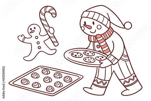 A heartwarming, festive illustration of a snowman and a gingerbread man preparing Christmas treats.