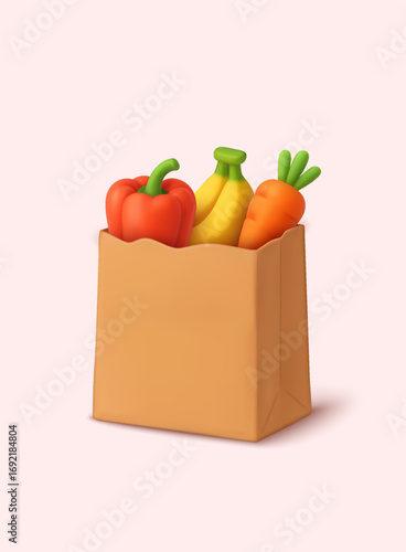 3D illustration of grocery paper bag with vegetables and fruits, symbol of healthy shopping lifestyle. 3D Web Vector Illustrations.