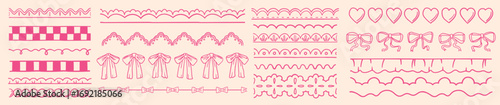Hand drawn wedding and baby shower decorative dividers. Vintage scallop trim for valentine or birthday cards decoration, whimsical coquette vector design set