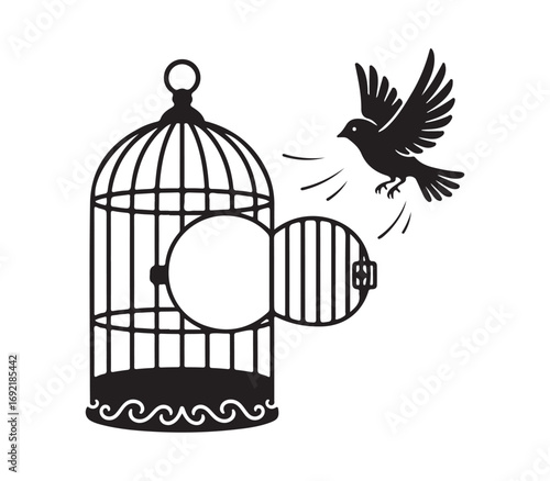 A free bird soaring out of an open birdcage illustration

