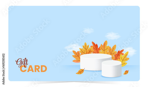 Autumn gift card with white platform and decorative orange foliage. Minimal and elegant layout for seasonal promo or digital gifts. Vector illustration