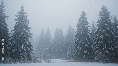 Fairytale winter landscape with coniferous forest and snow